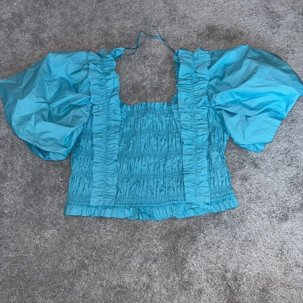 Sky Blue Puff Sleeve Ruched Crop Top